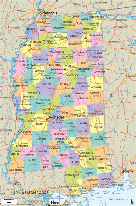 Detailed Map of Mississippi with Cities, Counties and Roads - Ezilon Maps