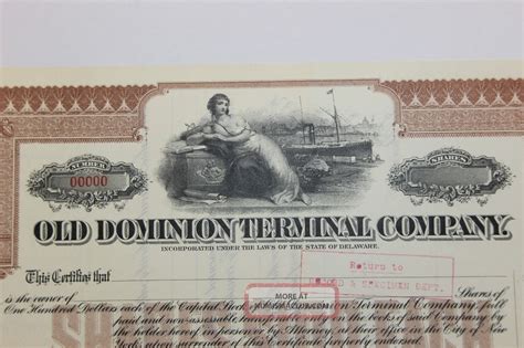 1909 Old Dominion Terminal Company Specimen Stock Certificate Norfolk ...
