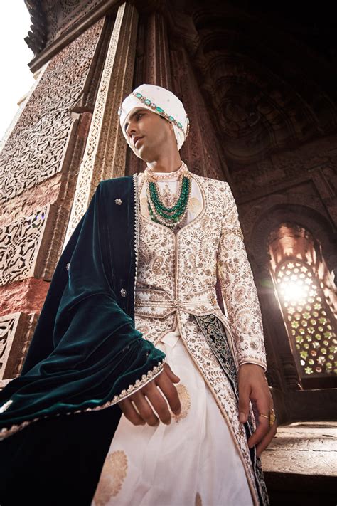 Cream Tesla Fabric Sherwani with Kurta, Dupatta, Kamarband, and Churid ...