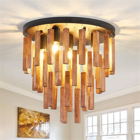 UOFUS 16.5inch 5-Light Rustic Wood Flush Mount Ceiling Light Fixture ...