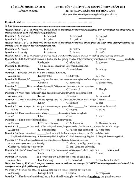 ĐỀ SỐ 02 CÓ GIẢI CHI TIẾT - ĐỀ CHUẨN MINH HỌA SỐ 02 (Đề thi có 04 trang ...
