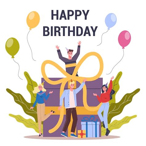 Alles Gute zum Geburtstag-Grußkarte mit Leuten feiern um große Kiste ...