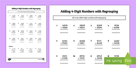 Addition of 4 Digit Numbers Worksheet - Regrouping - Twinkl