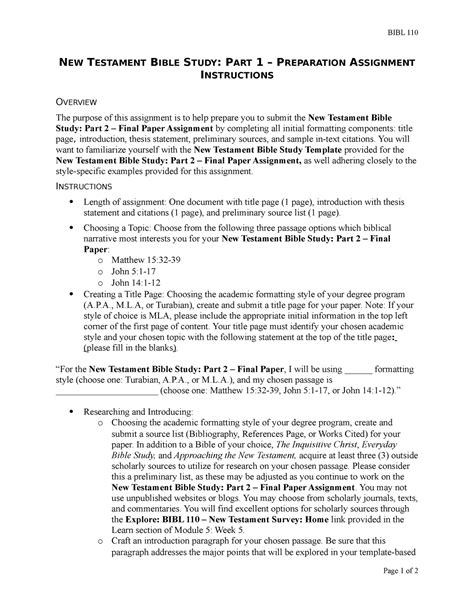 New Testament Bible Study Part 1 – Preparation Assignment Instructions - BIBL 110 NEW TESTAMENT ...