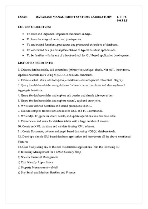 DBMS Lab Manual - CS3481 DATABASE MANAGEMENT SYSTEMS LABORATORY L T P C ...