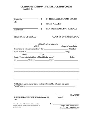Claimants Affidavit Small Claims Court Texas - Blank Fillable Template ...