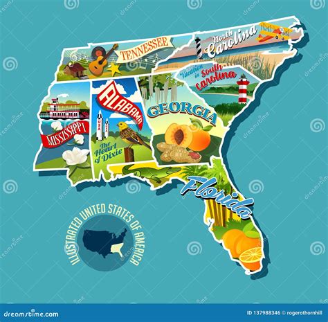 Illustrated Pictorial Map of Southern United States. Stock Vector ...