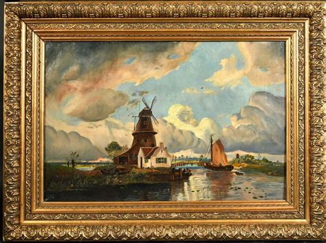 19th Century - Antique Dutch Oil Painting Windmill under Windswept Skies Large Gilt Frame For ...