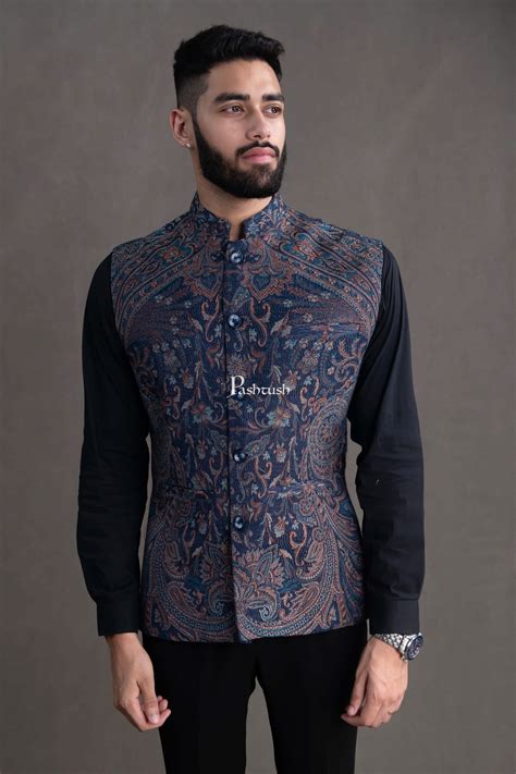 PASHTUSH MENS WOVEN JACQUARD WAISTCOAT, STRUCTURED SLIM FIT, NAVY BLUE ...