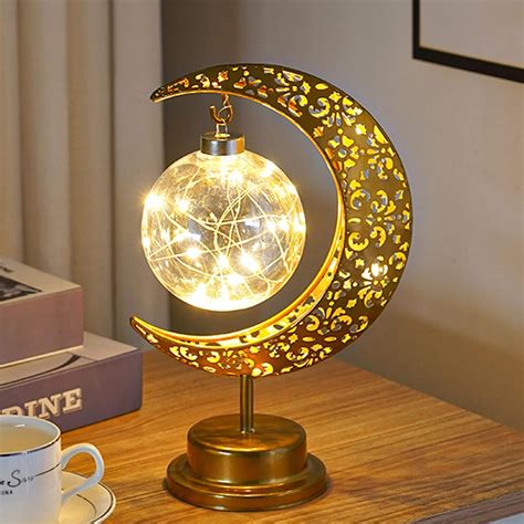 Crescent Moon Table Lamp, Gold, Metal Glass, Battery Operated, Ramadan Star Lamp, Retro Style ...