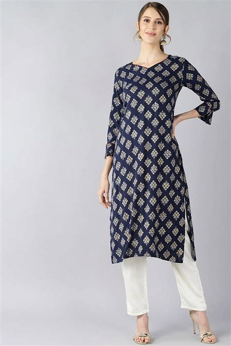 Women Navy Blue And Gold Toned Floral Printed Straight Kurta VCK1712E ...