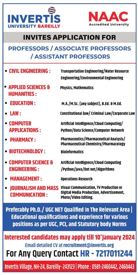 Invertis Bareilly Bioinformatics Faculty Openings