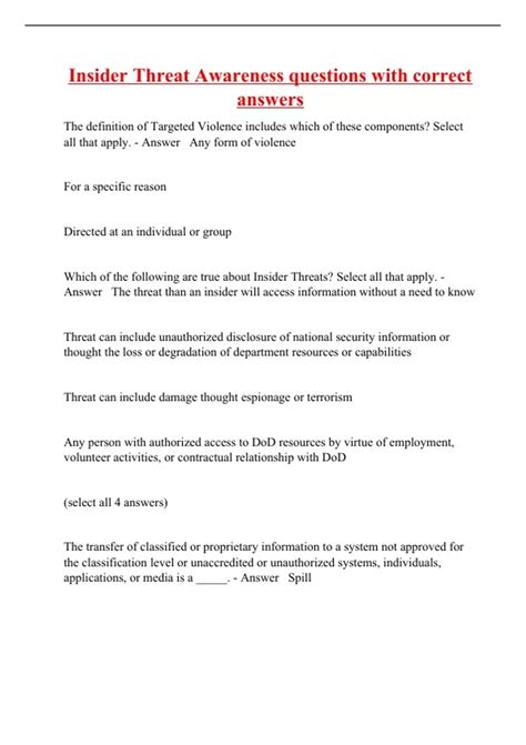 Insider Threat Awareness questions with correct answers - Insider ...
