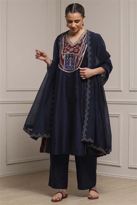 Buy Blue Cotton Blend A-Line Printed Suit Set Online at Biba India