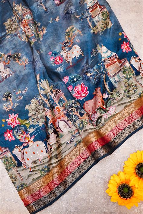 Soft Sky Blue Printed Crepe Silk Saree Featuring Artistic Figure Desig ...