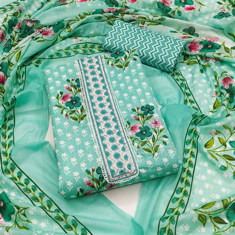 Turquoise Floral Printed With Sequins Embroidered Pure Cotton Dress Ma