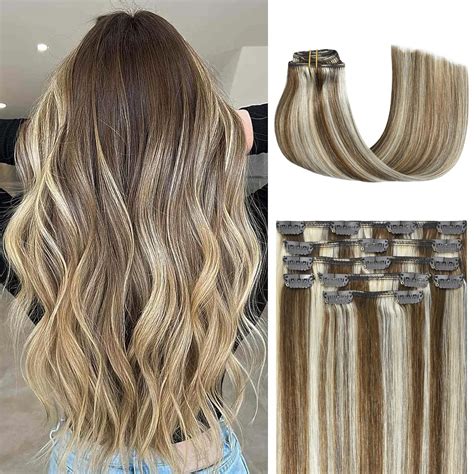 Amazon.com : Honsoo Real Human Hair Extensions Clip Ins Light Brown to ...