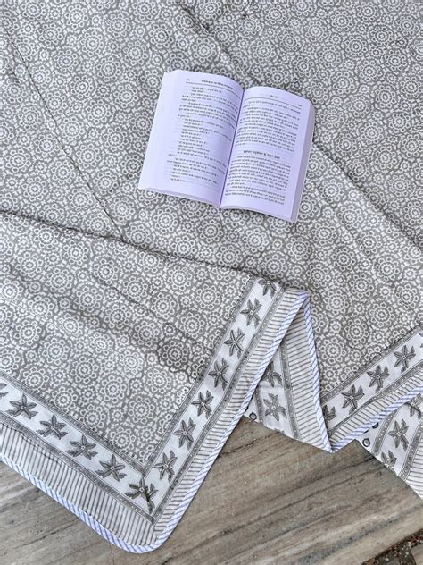 Buy Grey Floral Dohar, Block Print Quilted Throw, Unique Bedding, Hand ...