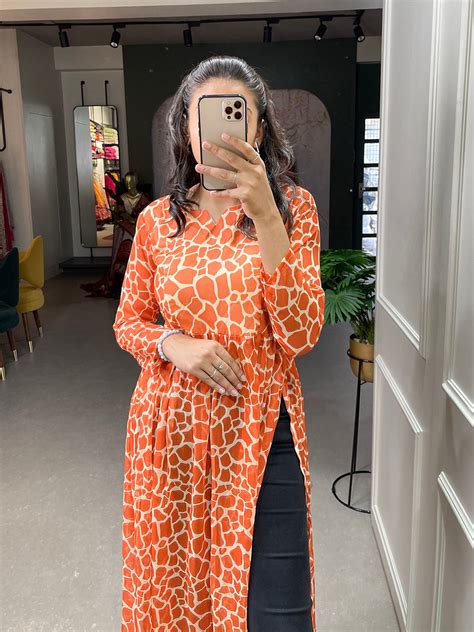 Orange Color Animal Print Chiffon Kurti - ClothsVilla.com