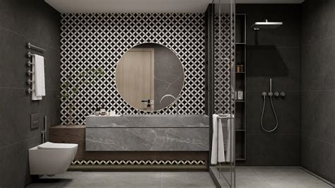 Dark Luxe Bathroom with Geometric Accent Wall