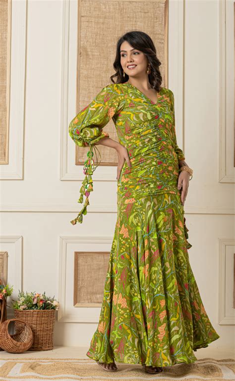 Printed Green Indo Western Gown – Plum and Peaches