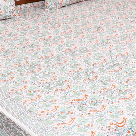 Multicolor Sanganeri Hand Block Print Cotton Double Bedsheet Set