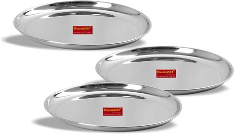 Buy Priya Steel Heavy Gauge Deep Wall Dinner Plates with Mirror Finish ...