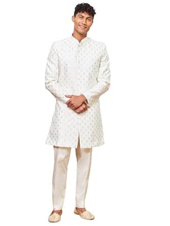 Buy VASTRAMAY Men s Gold Jacquard Sherwani & Pant Set Royal Weddings ...