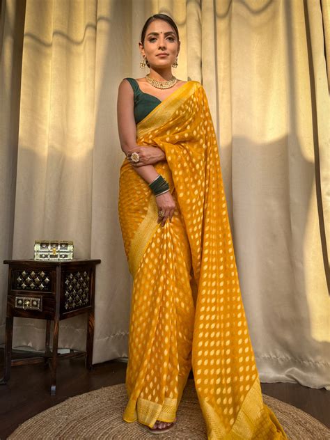 Mustard Yellow Banarasi Khaddi Weaved Georgette Saree – Zilikaa