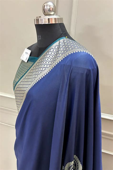 Navy Blue and Teal Golden Zari Satin Silk Banarasi Saree – Mohsin Textiles