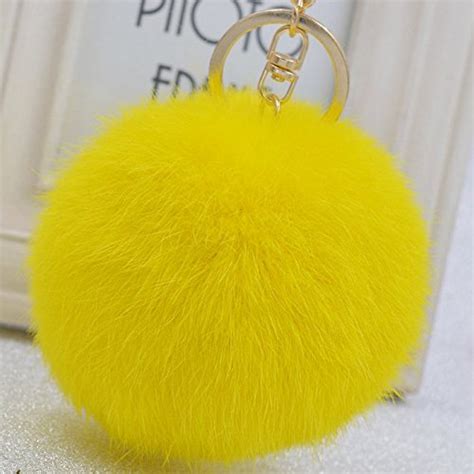 Minigianni 3.5 Inches Yellow Red Big Fluffy Rabbit Fur Pom Pom Charm ...