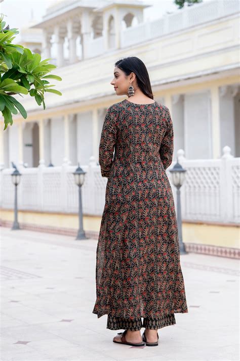 Btlgreen Cotton Calf Length Printed V-Neck Anarkali Kurta Suit Set ...