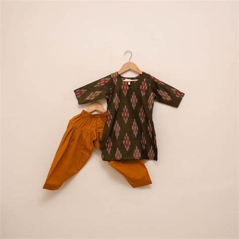 Brown Girls Pochampally Ikat Pure Cotton Kurta Set
