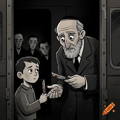 Illustrated scene of a boy and older man in a dark train car, holding ...