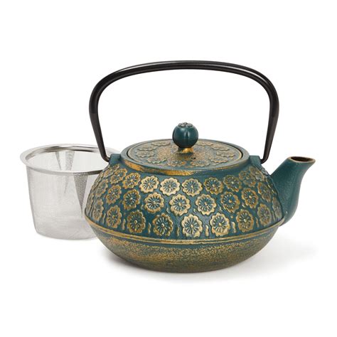Green Floral Cast Iron Teapot Kettle with Stainless Steel Loose Leaf ...