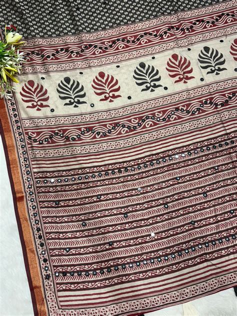 Elegant Mal Cotton Ajrakh Print Saree with Mirror Work & Zari Border ...