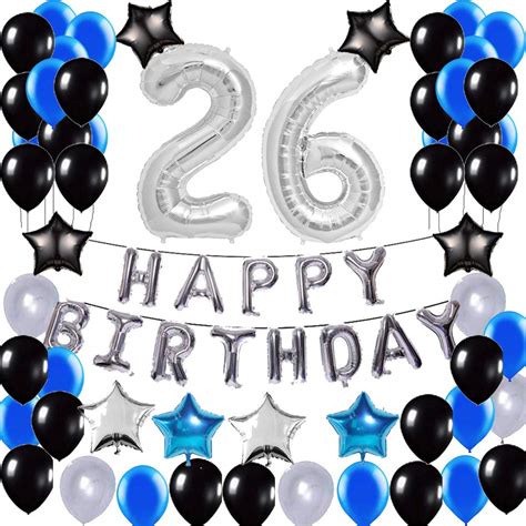 26th Birthday Decorations Balloons Party Supplies Blue and Silver Black ...