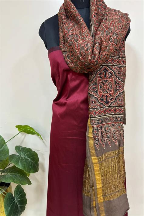 Handmade Ajrakh Block Printed Silk Dupatta