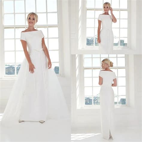 Sheath Style Off-Shoulder Satin Wedding Dress with Short Sleeves and Floor-Length Hemline from ...