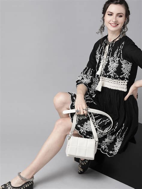 Comfy Black Cotton Embroidered Fit & Flare Dress With Bell Sleeves And