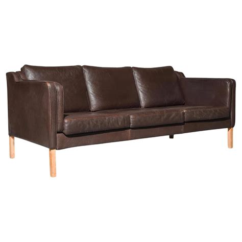 Mid Century Modern Brown Leather Three Seat Sofa, Denmark circa 1960-70 ...