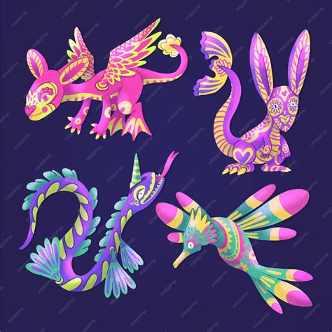 Coleção de alebrijes de dia de muertos em aquarela | Vetor Premium