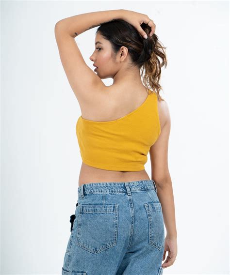 Ribbed Single Shoulder Diagonal Crop Top - Mustard
