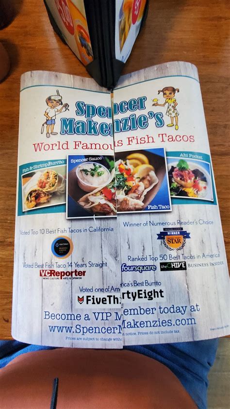 Menu at Spencer Makenzie's restaurant, Ventura