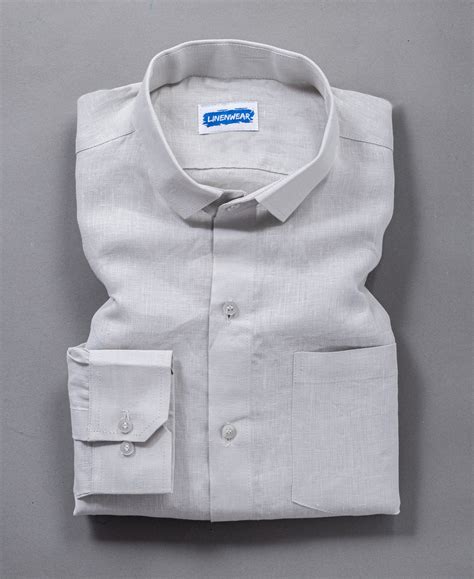 Light Grey Pure Linen Shirt With Spread Collar and Chest Pocket – Linen ...