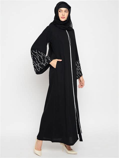 Nabia Black Solid Luxury Abaya with Black Hijab