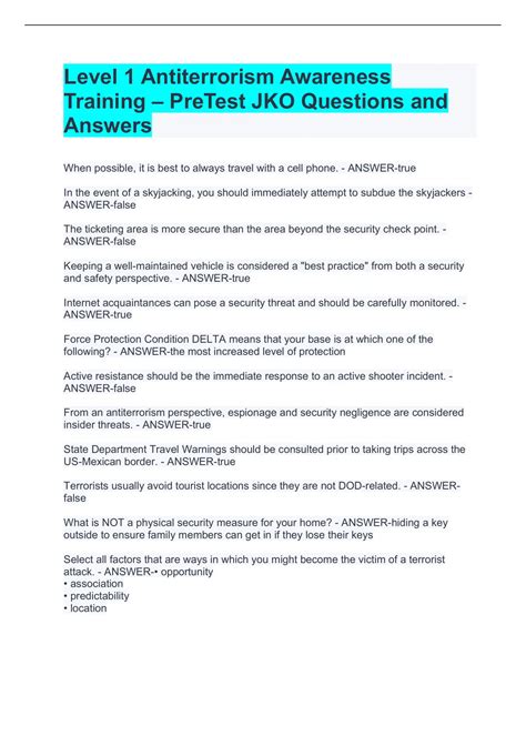 Level 1 Antiterrorism Awareness Training – PreTest JKO Questions and ...