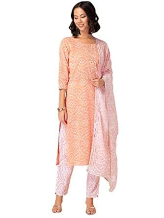 Buy Indya Peach Bandhani Print Cotton Kurta with Pants and Dupatta (Set ...