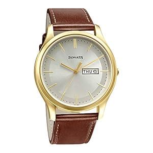 Sonata Essentials Quartz Analog with Day and Date Champagne Dial Brown ...