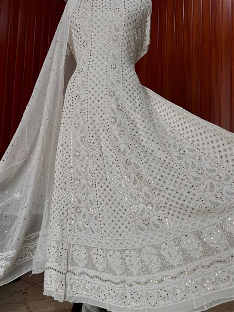 White allover Chikankari and mukaish anarkali with dupatta